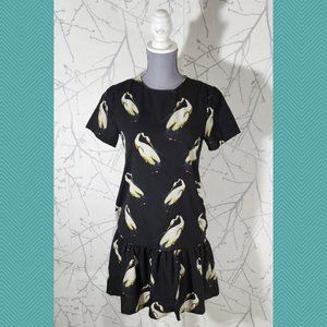 Anonyme Black Stork Crane Printed Peplum Flounce Hem Dress